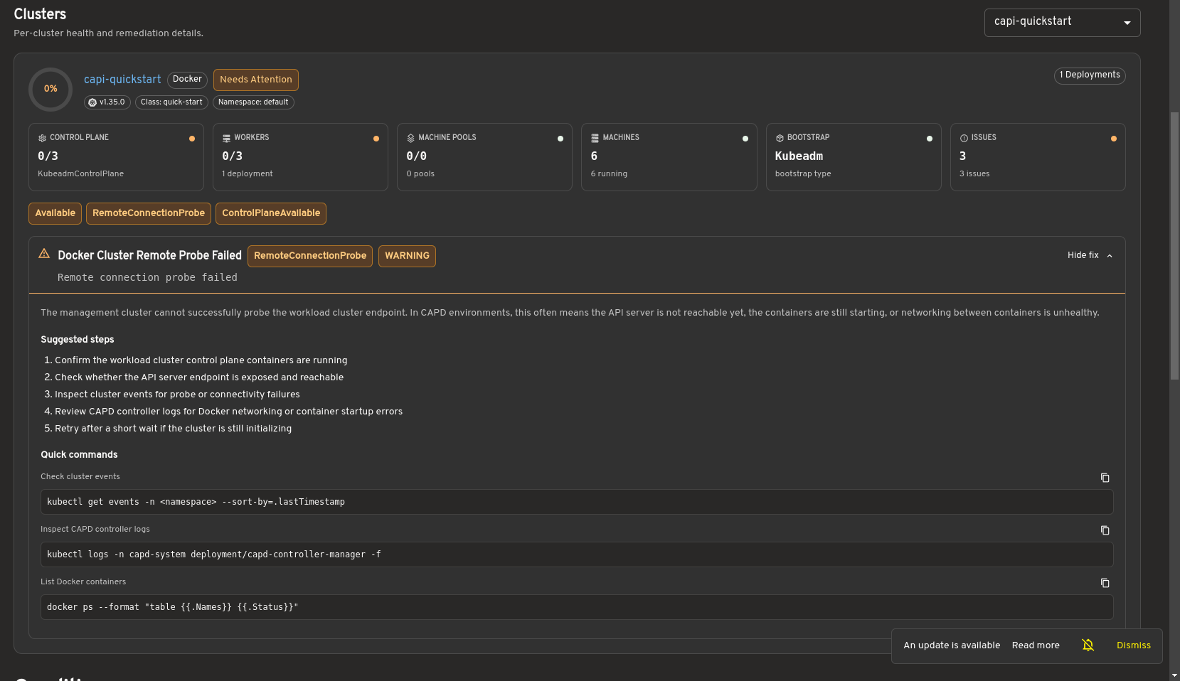 Cluster details and remediation guidance