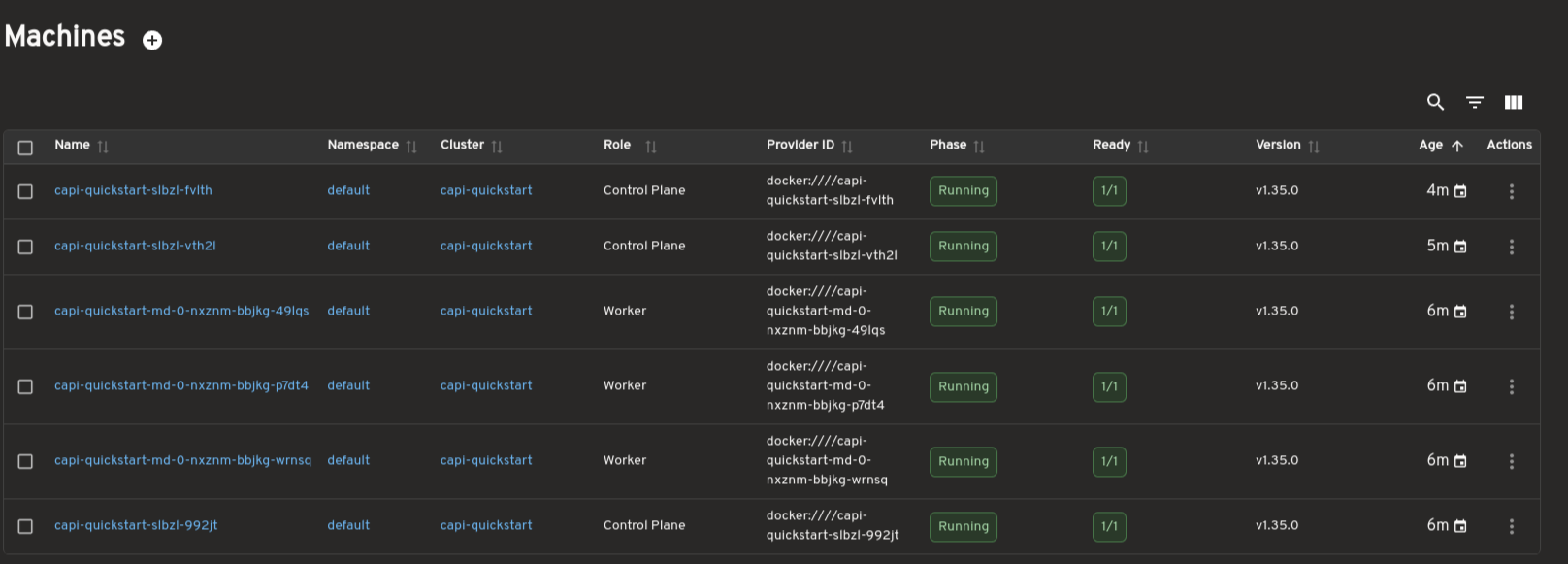 MachineDeployment list view showing replica counts, ownership, and conditions