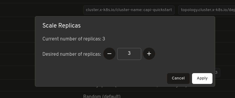 Scale dialog for a MachineDeployment